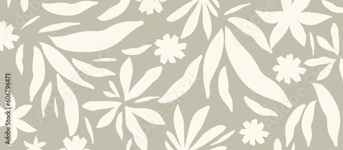 Decorative wallpaper in gray tone with leaves. Delicate, light-toned seamless pattern with botanical elements. Nature-inspired poster background for accent wall. Wall decor for mural or nursery