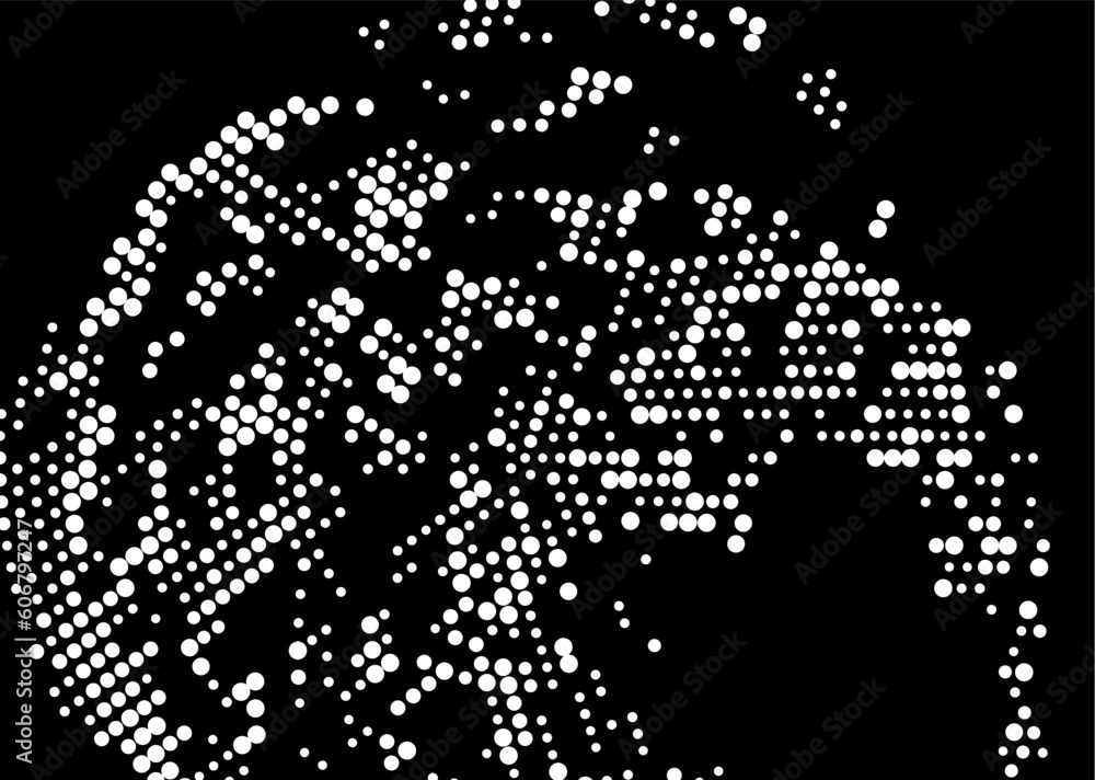 Halftone monochrome dot pattern. Minimalism, vector. White dots on black background. Background for posters, websites, business cards, postcards.