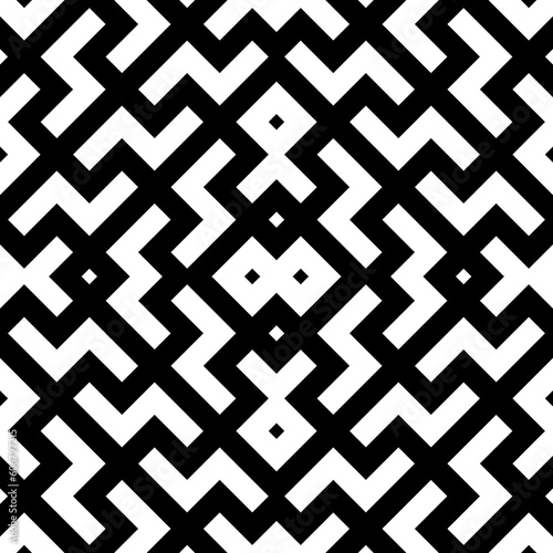 Repeated white figures and symbols on black background. Seamless surface pattern design with ethnic ornament. Embroidery wallpaper. Mosaic motif. Digital paper for page fills, web designing. Vector.