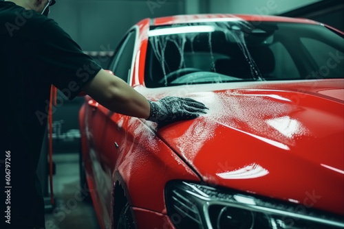 Worker's hands washing red car with sponge on a car wash © alisaaa