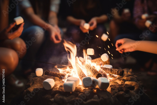 Unrecognizable woman laughing and bonding with friends around a bonfire on a starry night toasting marshmallows for s'mores, photo