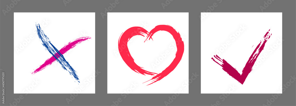 The cross, heart and OK symbol are hand-drawn with a brush. Prohibition, denial, error. Love. Approval, consent. Vector, set of 3 characters The cross, heart and OK symbol are hand-drawn with a brush. Prohibition, denial, error. Love. Approval, consent. Vector, set of 3 characters