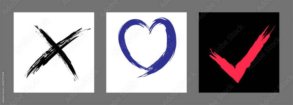 The cross, heart and OK symbol are hand-drawn with a brush. Prohibition, denial, error. Love. Approval, consent. Vector, set of 3 characters The cross, heart and OK symbol are hand-drawn with a brush. Prohibition, denial, error. Love. Approval, consent. Vector, set of 3 characters