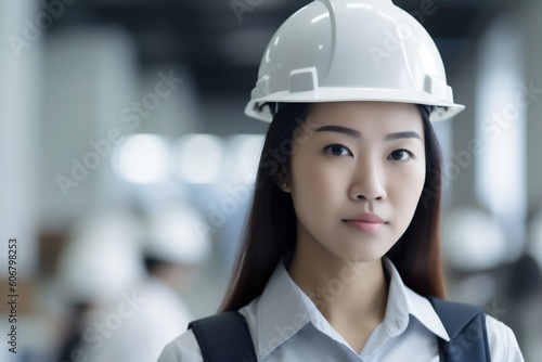 woman helmet industry job business foreman asian engineer industrial smile portrait. Generative AI.