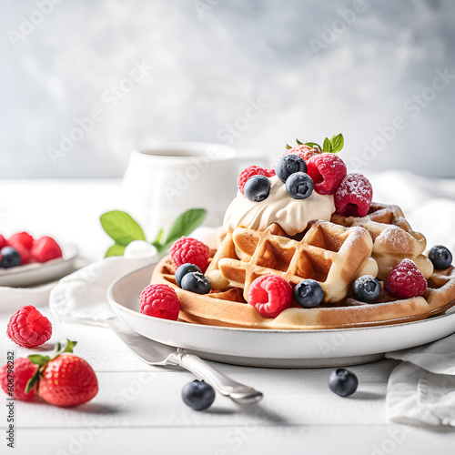 Belgium waffles with berries and cream.