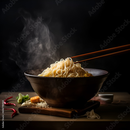 Savory noodle bowl, steam rising, with chopsticks poised for the first bite.