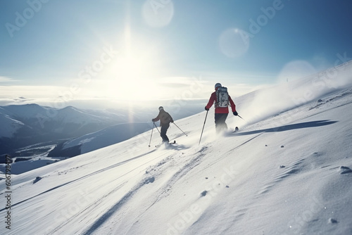 unrecognizable Young couple skiing on mountain slope