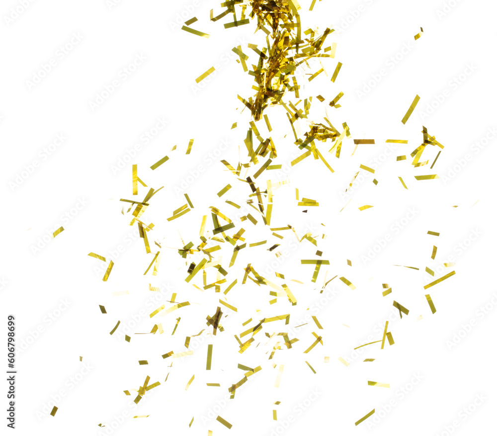 Golden Confetti Foil fall splashing in air. Gold Confetti Foil explosion flying, abstract cloud fly. Many Party glitter scatter in many group. White background isolated Golden Confetti Foil fall splashing in air. Gold Confetti Foil explosion flying, abstract cloud fly. Many Party glitter scatter in many group. White background isolated