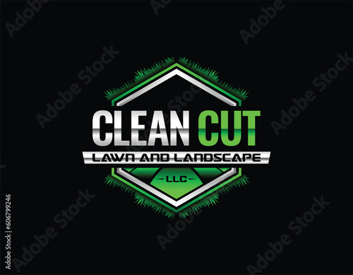 Modern 3D Black Silver Green Lawn Care Logo Design Template