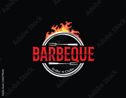 Modern Black Silver Red Barbeque Logo Design Template