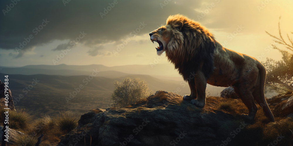 Φωτογραφία Lion roars on a rock in the background of wildlife, King of beasts at sunset