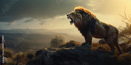 Lion roars on a rock in the background of wildlife  King of beasts at sunset. generated ai