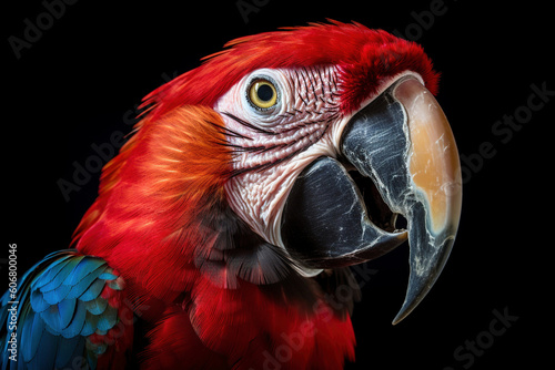 An AI generated illustration of a beautiful parrot's head against a black background photo