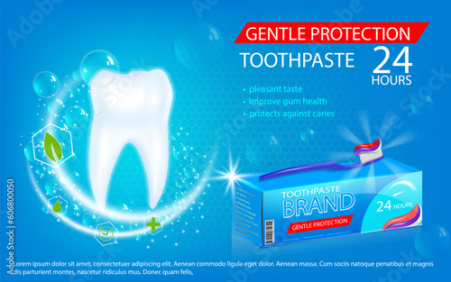 Whitening toothpaste ads, mint leaves flavour toothpaste on toothbrush with sparkling effect