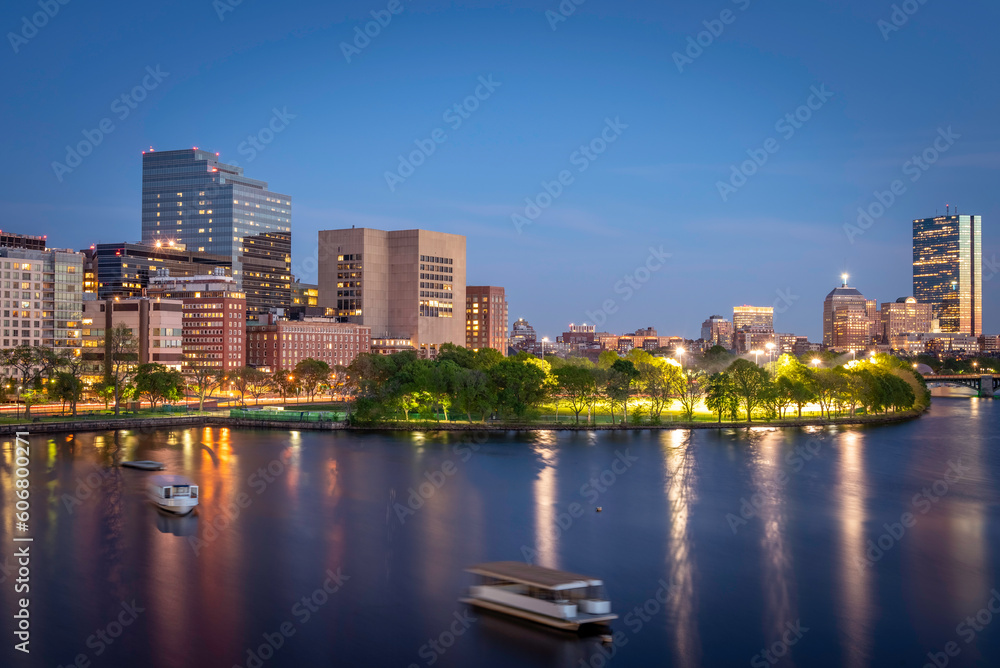 The skyline of Boston in Massachusetts, USA at night showcasing its mix of contemporary and historic architecture.