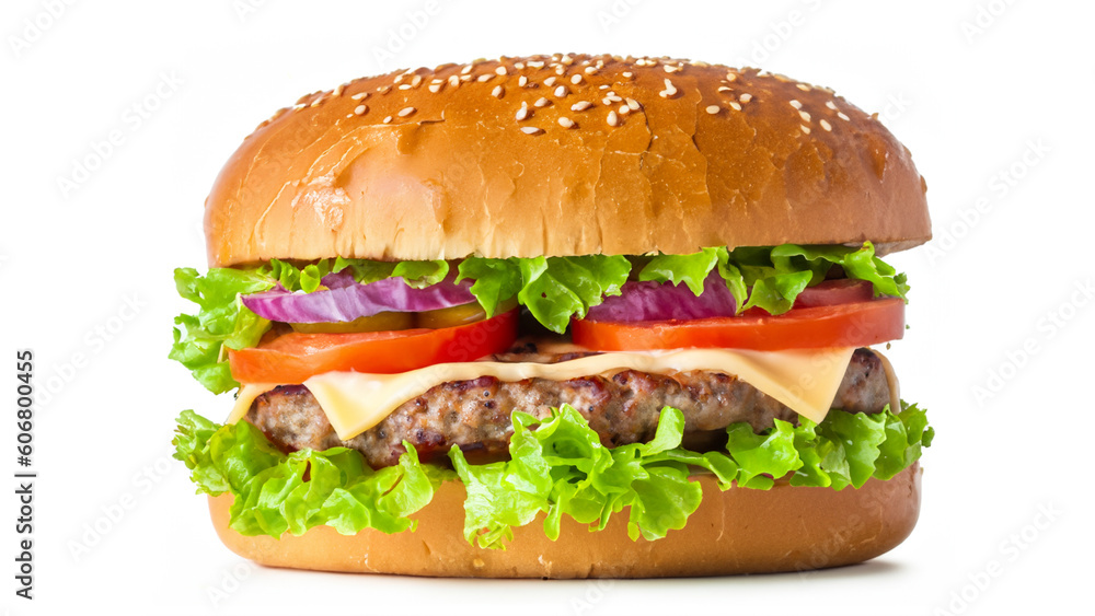 Big fresh burger with cheese, tomato, lettuce, pickles and mayonnaise isolated on white background Big fresh burger with cheese, tomato, lettuce, pickles and mayonnaise isolated on white background