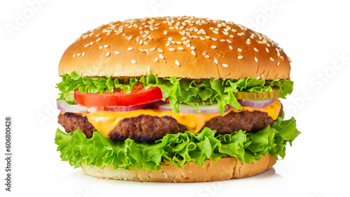 Big fresh burger with cheese, tomato, lettuce, pickles and mayonnaise isolated on white background
