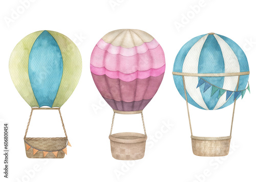 Watercolor set with hot air balloons. Hand painted isolated illustration on white background.