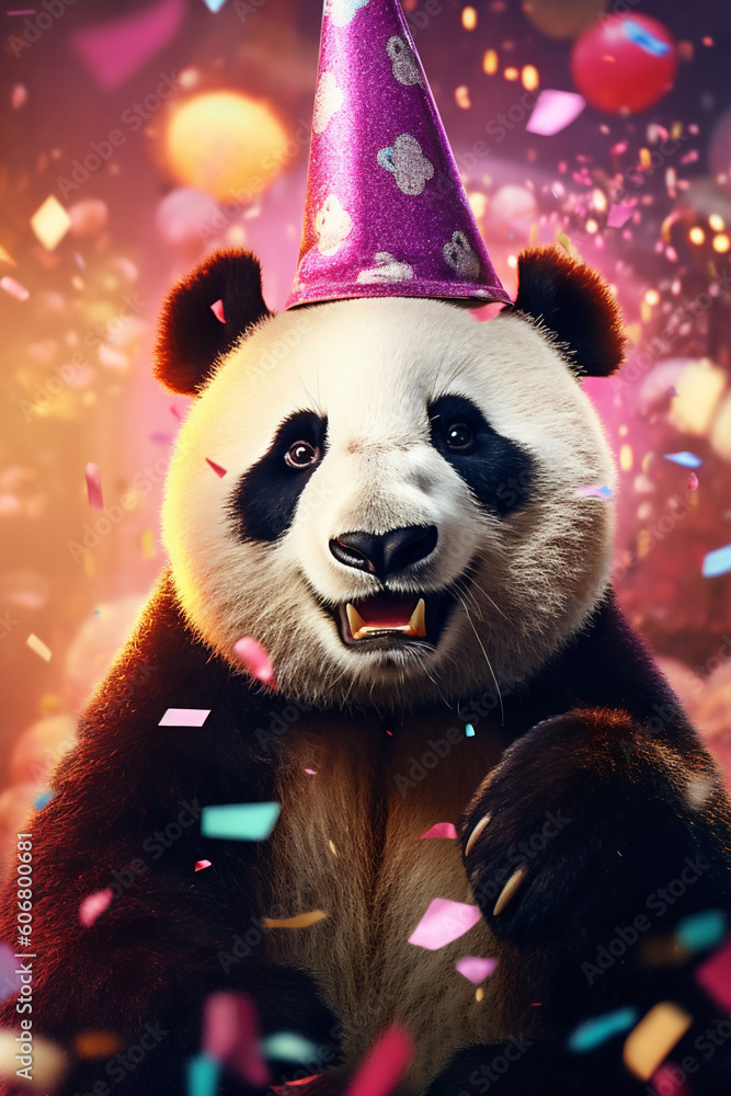 fröhlicher Pandabär mit Partyhut und Konfetti in Partystimmung. Generative Ai.