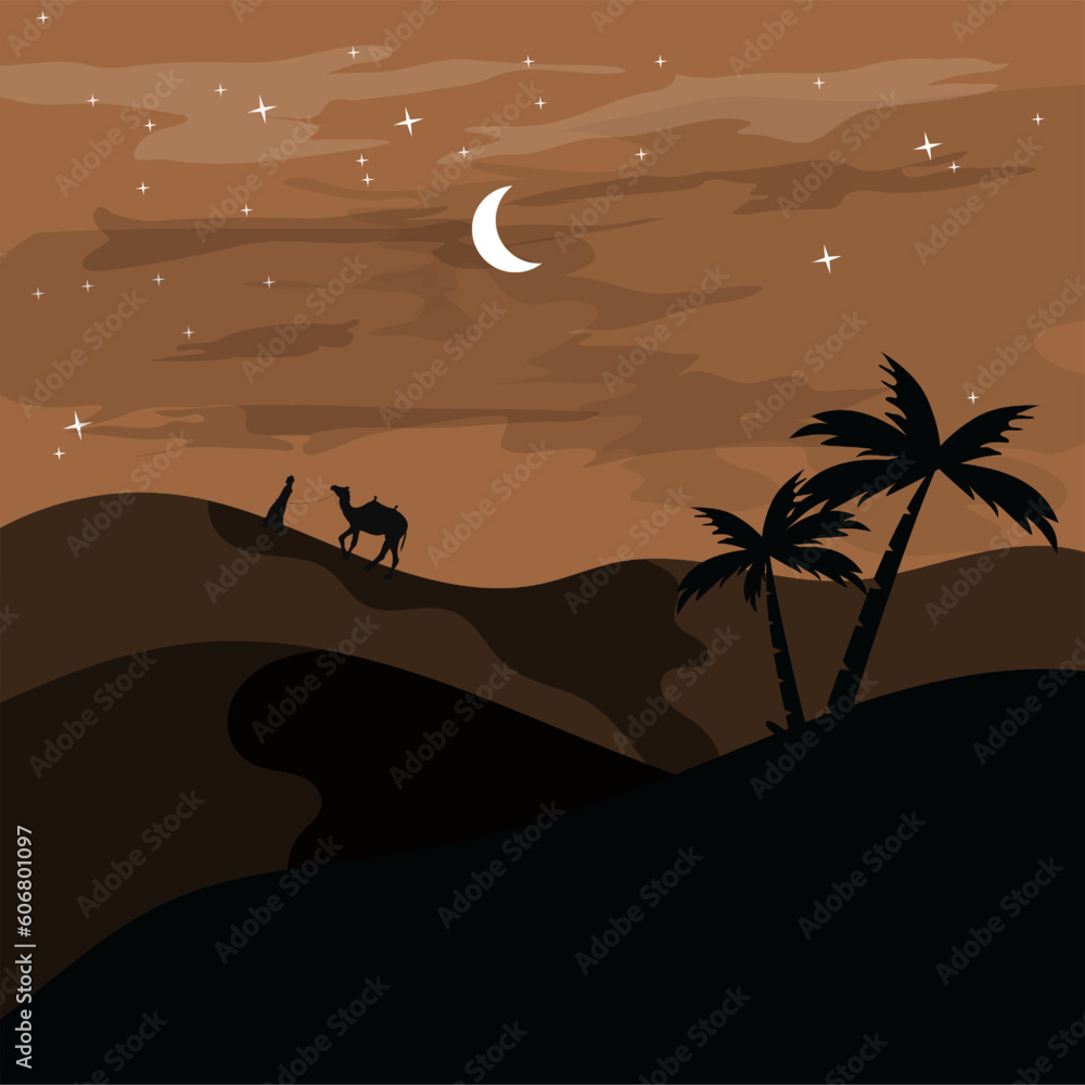 illustration of a desert landscape with a running camel