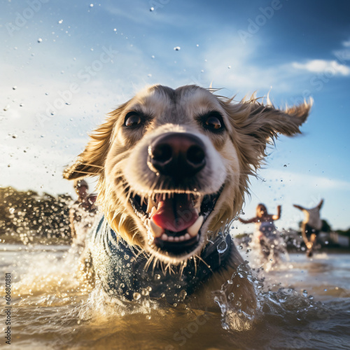 dog having fun in the water - Generative AI © Matthias
