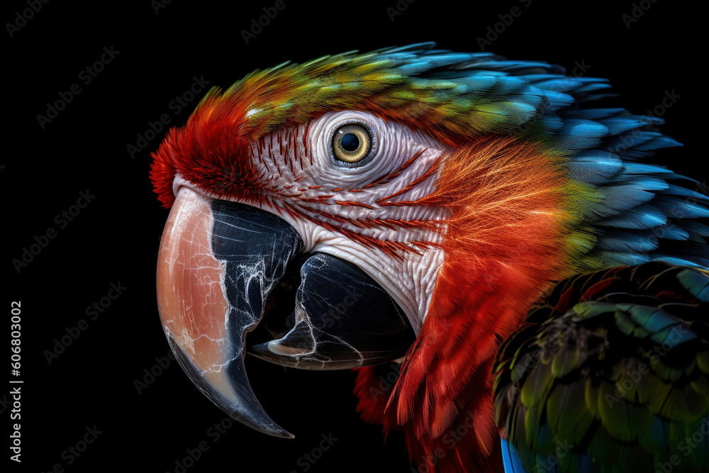 Obraz premium An AI generated illustration of a beautiful parrot's head against a black background