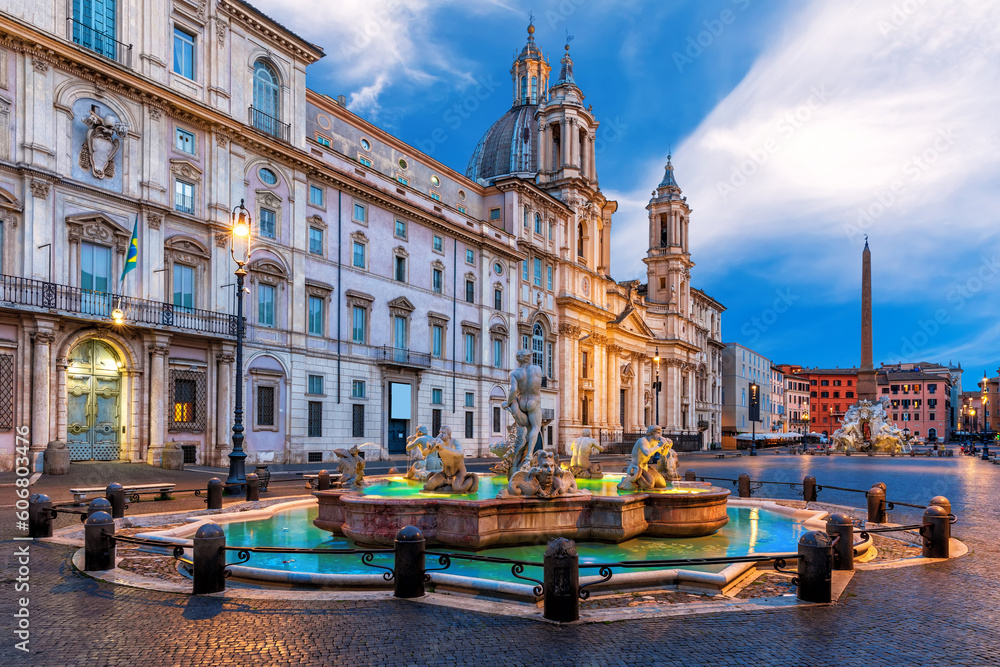 Navona Square or Piazza Navona with the Moor Fountain and Basilica, Rome, Italy