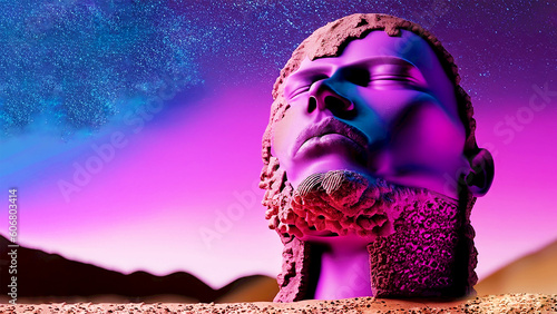 colossal head in stelar night desert, created with generative Ai technology photo