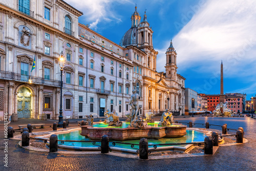 Navona Square or Piazza Navona with the Moor Fountain and Basilica, Rome, Italy