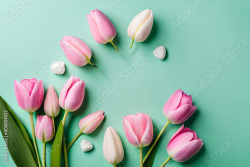 Top view pink tulips frame on a pastel green background with copy space, flat lay