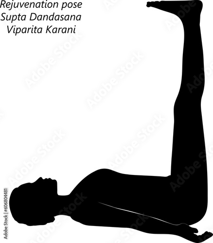 Silhouette of young woman practicing yoga, doing Rejuvenation pose or Supine Staff pose. Supta Dandasana or Viparita Karani. Supine. Balancing. Vector illustration isolated on transparent background.