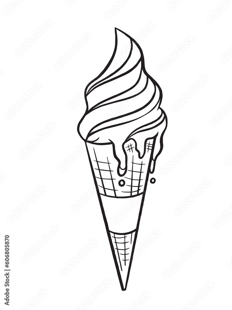 Ice cream spilling black and white outline only vector illustration isolated on vertical white background. Simple flat cartoon drawing for coloring books.