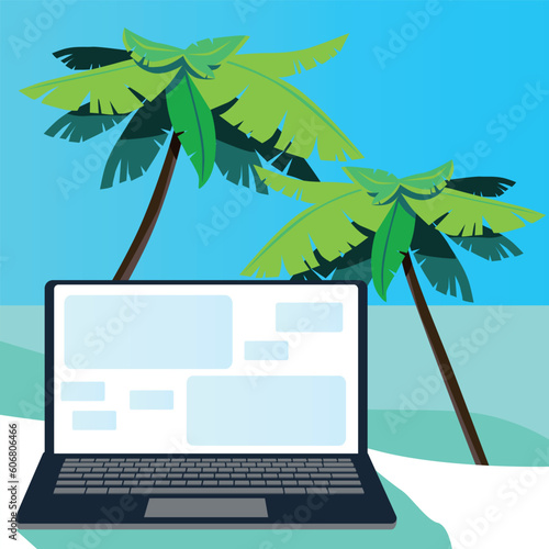 Digital nomad banner. Traveling with a computer. Online job. Concept of digital nomad, remote worker, independent location entrepreneur. photo