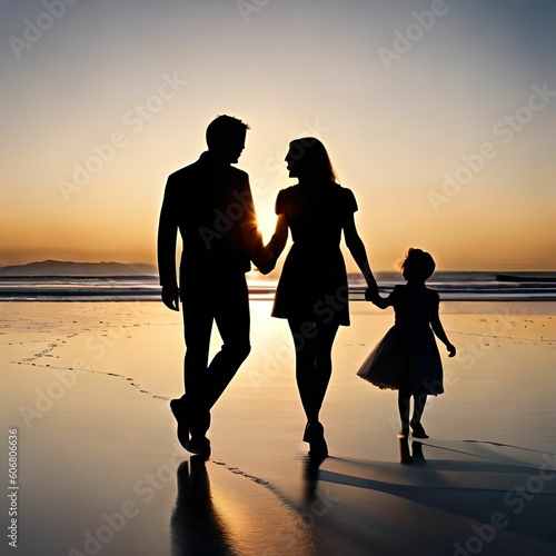 silhoette of family holding hands at the beach in the morning during sunrise on a hiloday. family of three, consist of father, mother and daughter. photo