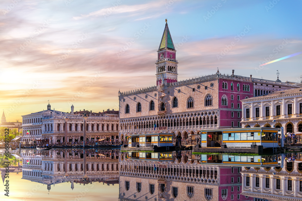 View of the Venice lagoon, San Marco and Doge's Palace at sunset sky, Italy