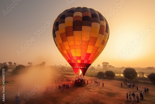 Hot Air Balloon on the ground landing or starting to launch with unrecognizable people, AI Generated