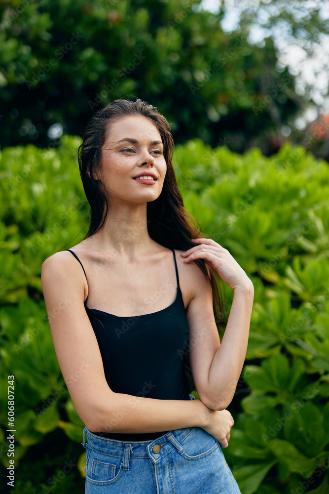 smiling woman beautiful summer park walk face freedom nature t-shirt lifestyle smiling woman beautiful summer park walk face freedom nature t-shirt lifestyle