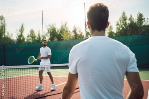 Young man playing tennis with his friend they are having fun and vying every moment rear view