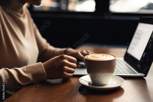 Unrecognizable woman sitting at a coffee shop sipping a latte and using a laptop for remote work,