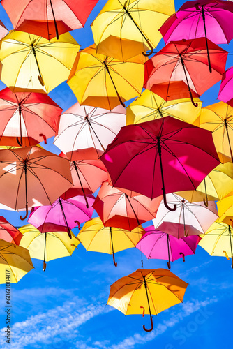 Colorful Umbrellas Hanging As Street Decoration And Sun Protection In The City Of Bordeaux  France