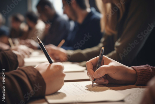 Unrecognizable group of people attending a workshop or seminar taking notes and participating in a learning session promoting continuous education and personal growth,