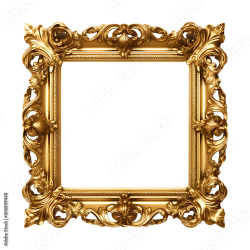 antique gold picture frame isolated with transparent background, generative AI