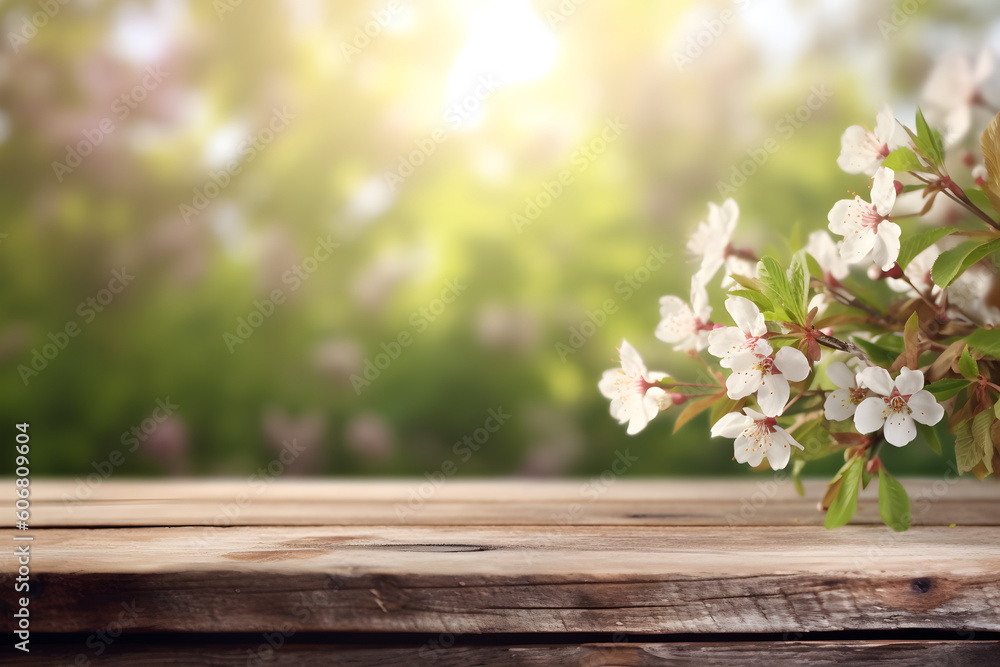 Empty wood table top with spring background. Product display concept. Generative AI