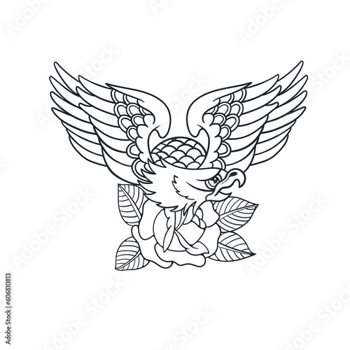 Hand drawn illustration of eagle and rose flower outline
