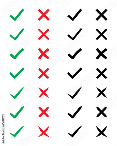 Right and Wrong icon set. Check mark and X mark icon. Checkmark and x mark icon for apps and websites. Green and red check mark icon on white background - stock vector.