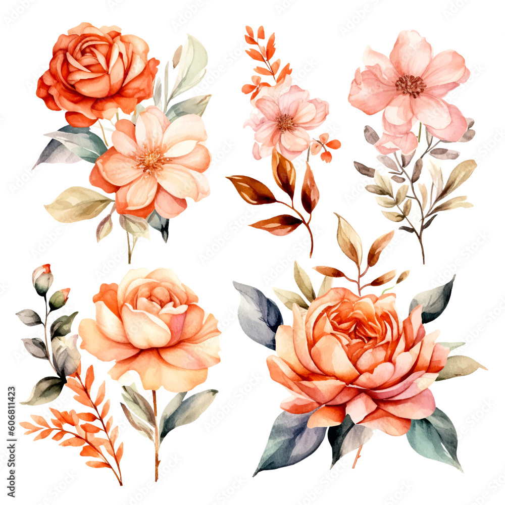 set of rosegold floral watercolor, flower set, leaf and branch watercolor