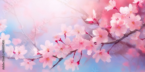 Beautiful pink cherry blossoms in spring, background with copy space © Julia Art