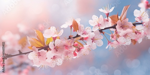 Beautiful pink cherry blossom on a light blue and pink background