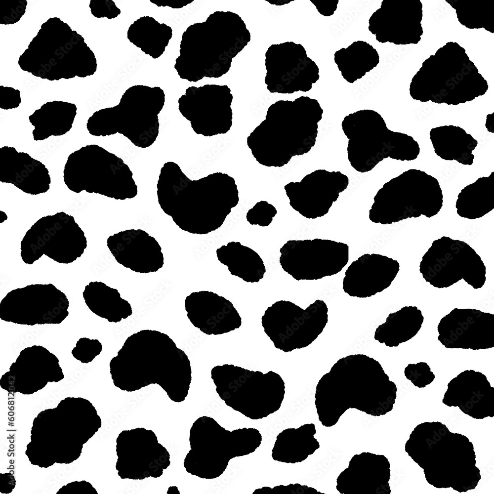 Fototapeta premium Cow seamless pattern. Vector long abstract background with repeated hand drawn black stains on a white background. Monochrome texture
