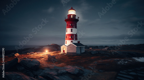 Guiding Light in the Storm: A Red and White Lighthouse Defying the Night Tempest. Generative AI
